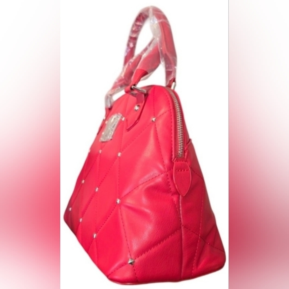 Badgley Mischka Red Quilted Satchell With Silver Accents, New! - Picture 5 of 7